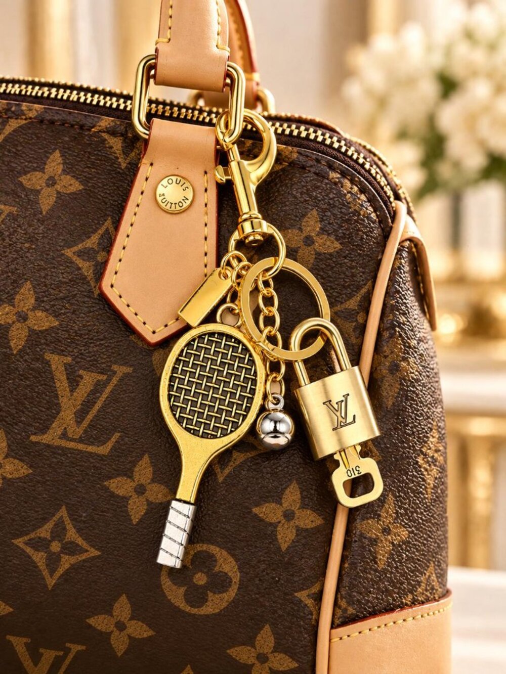 Luxury Tennis Pickle Ball Racket Bag Charm with Authentic LV Padlock